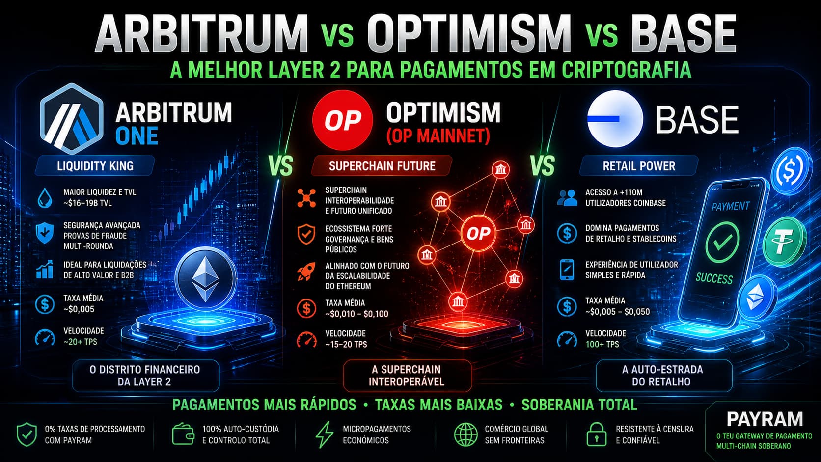 Arbitrum vs. Optimism vs. Base: A Melhor Layer 2 para Pagamentos em Criptografia